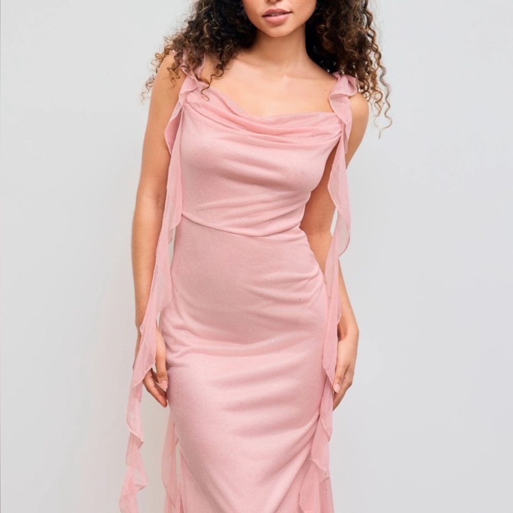 Soft Pink Ruffled Sequins Slip Dress - Picture 3 of 8